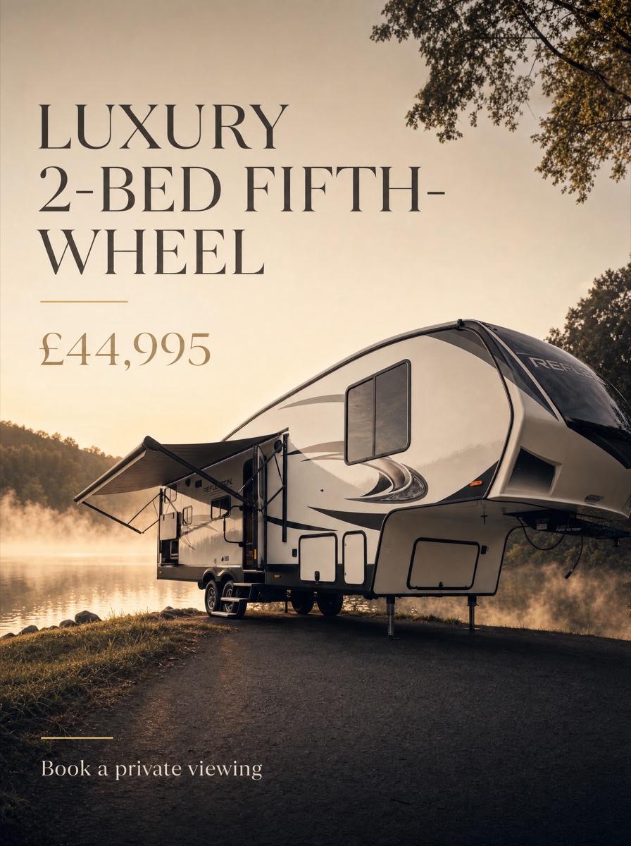 Luxury 2-bed fifth-wheel caravan beside a misty British lake — £44,995, book a private viewing